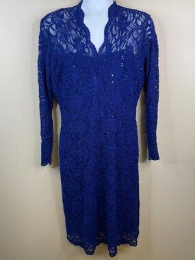 Blu Sage Vintage Romantic Lace Sequin Dress 16 Royal Blue Sheath Holiday Party